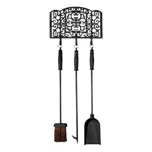 May include: Black fireplace tool set with a decorative, scrolled top. The set includes a broom with brown bristles, a poker, and a shovel. The tools hang from a decorative metal holder.