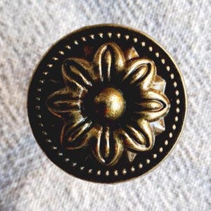 May include: A circular cabinet knob featuring an antique brass finish with a central raised flower motif. The design includes eight rounded petals surrounding a smooth centre dome, all enclosed within a border of small, evenly spaced raised dots.