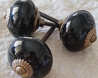 Ceramic Knob - Black & Brass Finish - Bathroom Cabinet, Kitchen Cupboards, Furniture Drawers, Knobs, Pulls, Hardware