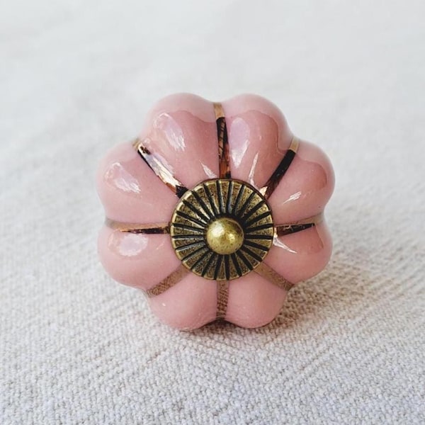 Ceramic Knob -Blush Pink with gold Accents -Furniture Hardware - DIY Project - Ideal for Kitchen + Bathroom Cabinet, Cupboard, Drawer Knob
