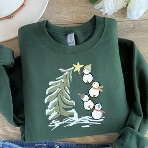 Snowman Christmas Tree Crewneck Sweatshirt: Cotton Holiday Shirt