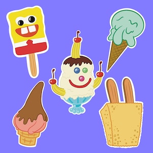 Sponge Cartoon Sticker 5pk - 1990s 2000s Cartoon Character Inspired Ice Cream Treats - Spongebob Patrick Squidward Ice Cream Sticker Pack