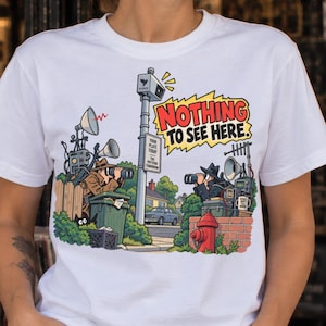 Anti-övervakningsflockkamera-tröja, ironisk grafisk t-shirt med integritetsrättigheter, retro komisk övervakningssatir, rolig present till pappa, farbror och granne