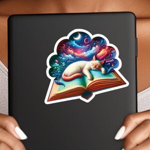 Cosmic Cat Bookish Sticker, Fantasy Aesthetic Book Nook Art, Gift for Bookworm, Kindle Sticker, Water Bottle Vinyl Sticker, Bookshelf Decor