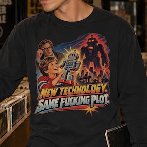 Retro AI Robot Satire Shirt | Nieuwe Tech Dystopie, Shirt met lange mouwen, Sweatshirt met ronde hals, T-shirt met middellange hals | Grof cadeau voor Gen X vader