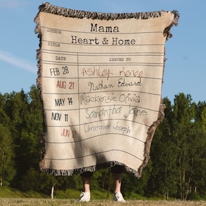 Coperta tessuta con tessera della biblioteca vintage personalizzata: regalo personalizzato per mamma o papà, regalo di famiglia per la nonna, regalo di anniversario in cotone