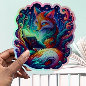 Holographic Bookish Sticker for Book Lovers, Fox Kindle Sticker for Fantasy Reader, Bookshelf Decor Gift for Bookworm, Book Nook Art