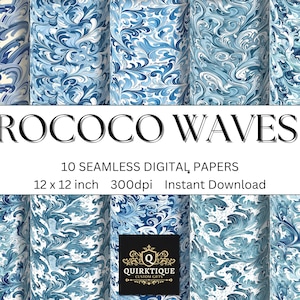 May include: A digital paper pack with 10 seamless patterns featuring a rococo style wave design in blue and white. The patterns are 12 inches by 12 inches and 300 dpi.  The text "ROCOCO WAVES" is displayed in a black font on a white background. The text "10 SEAMLESS DIGITAL PAPERS" is displayed in a black font on a white background. The text "12 x 12 inch 300dpi Instant Download" is displayed in a black font on a white background. The text "QUIRKTIQUE CUSTOM GIFTS" is displayed in a black font on a gold background.