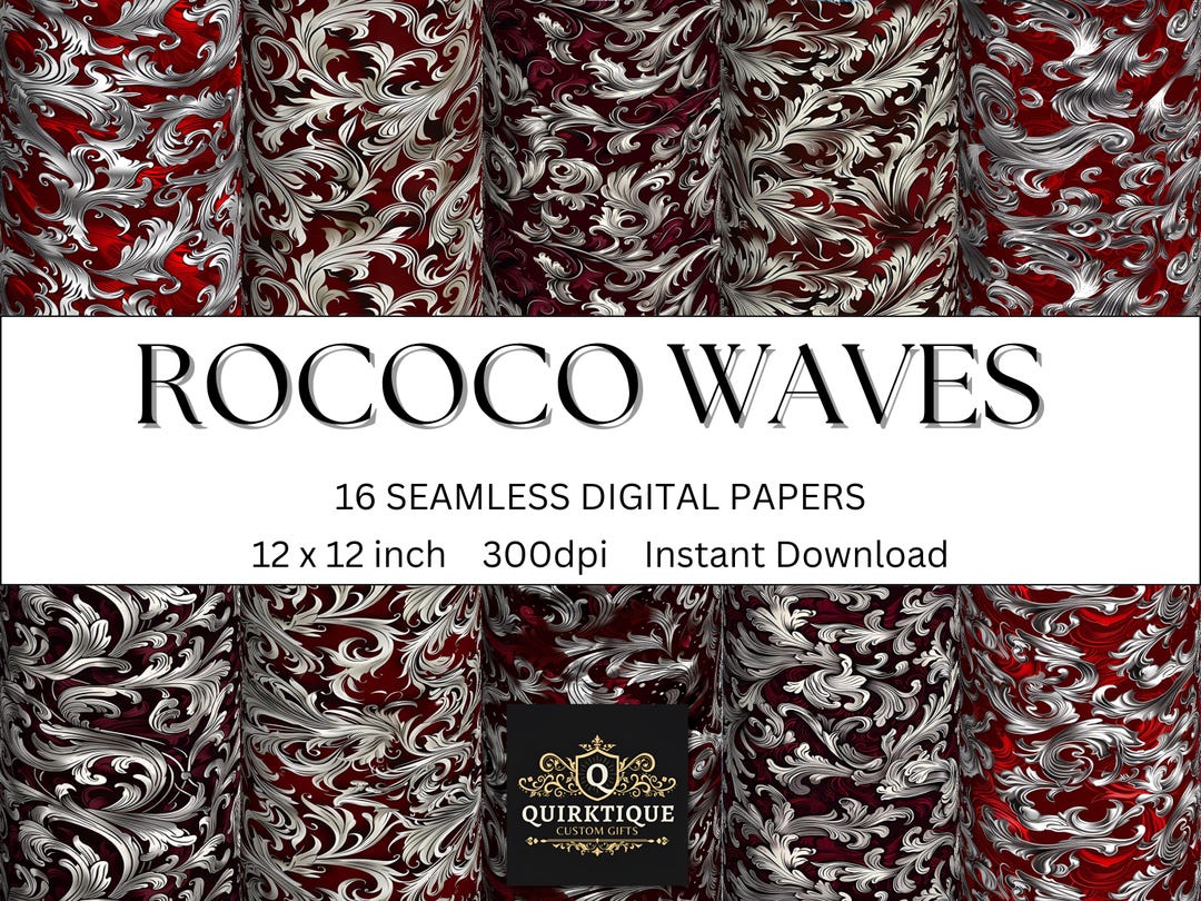 Red Rococo Background Red Silver Rococo Waves Paper: 16 Seamless Digital Backgrounds (PDF) - Etsy