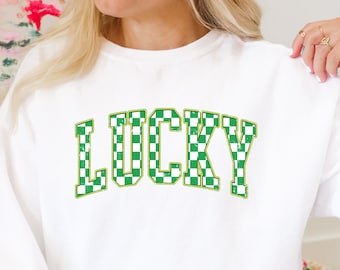 St Patrick's Day Lucky Sweatshirt, Retro Checkered Crewneck