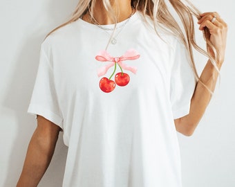 Coquette Cherry and Bow Shirt for Women, Girly Pink Bow Graphic T-Shirt, Trendy Aesthetic Tees, Coquette Clothing, Trendy Coquette Tee