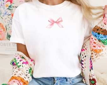 T-shirt con fiocco rosa girly, camicia con fiocco Coquette, t-shirt grafica da donna carina, magliette estetiche alla moda, abbigliamento Coquette, maglietta Coquette alla moda