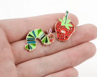 Caterpillar and strawberry enamel pinMade in the USA
