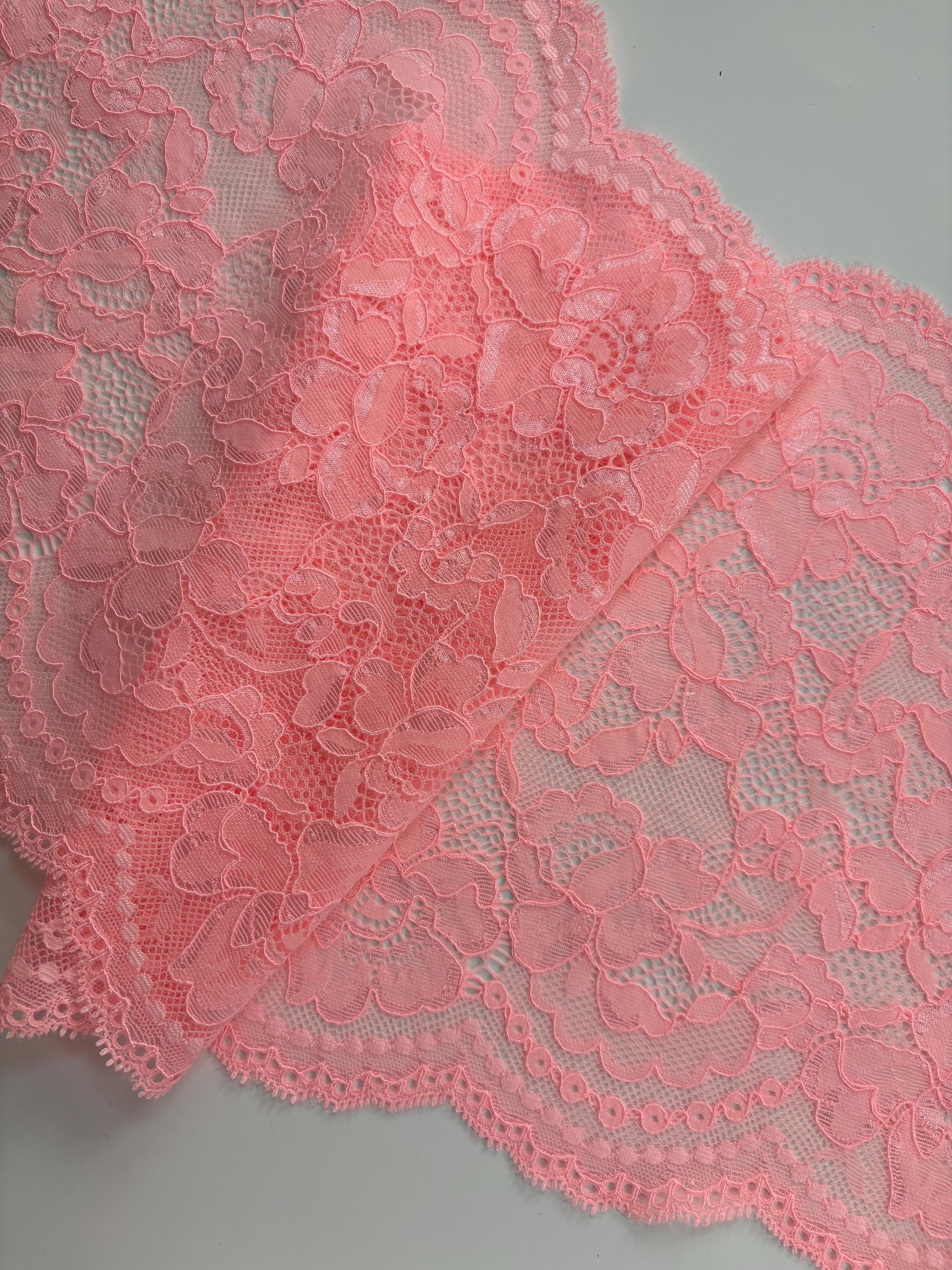 Pink Floral Lace Fabric, Stretch Lace Trim for Lingerie and DIY Sewing Project, 22 cm/9 inches Wide Scalloped Lace by the Yard