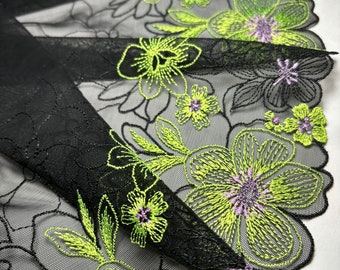 Floral embroidered tulle lace for sewing lingerie, embroidery for bra making, green mesh lace fabric, Elastic lace width 21cm-8.26 inch