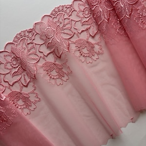Dusty Rose Embroidered Lace Trim, Non-Stretch Floral Lace Fabric 9 Inch Wide (23 cm)