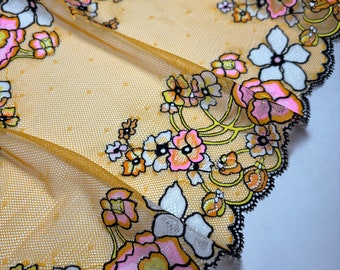 Colorful Embroidery Tulle lace trim, elastic Bright mesh lace Fabric with flowers, Bra making lace width 22cm-9inch