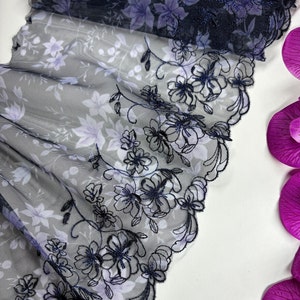 Floral Violet Embroidered Tulle Lace for Sewing Lingerie, Lace Fabric Trim, lace, Mesh Lace Fabric, Non-Elastic Lace Width 18cm-7 inch