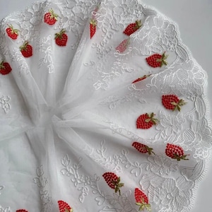 Floral embroidered tulle lace for sewing lingerie, White inelastic lace with red strawberries lace fabric, Elastic lace width 21cm-8.26 inch