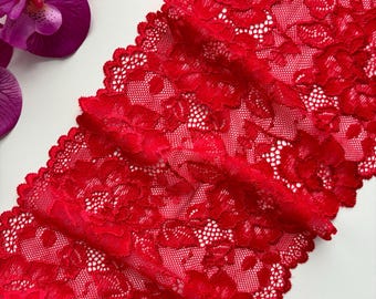 Red Elastic lace, Floral Lace Trim, Lingerie Lace Fabric, DIY Lace, Dressmaking Supplies, Embellishment Lace Width 7 inches-17 cm
