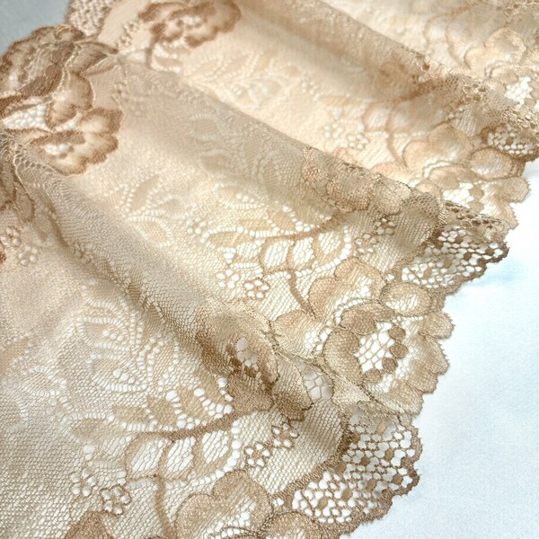 Beige Stretch lace trim for lingerie, Elastic lace fabric with flowers, Bra making lace width 20cm-8inch, Wedding Lingerie lace