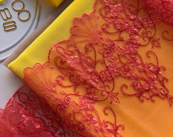 Kit koraal geborduurd kant en gele mesh bh, naaibenodigdheden lingerie met bandjes, elastiek en hulpstukken, doe-het-zelfnaaien