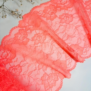 Neon Pink Shiny Stretch Lace Trim 21cm(8 inch) Wide, Floral Lace Fabric For Lingerie, Bralette, Sewing Project, DIY Craft Supplies