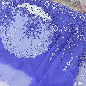 Floral embroidered tulle lace for sewing lingerie, embroidery for bra making, blue mesh lace fabric, Nonelastic lace width 21cm-8.5 inch.