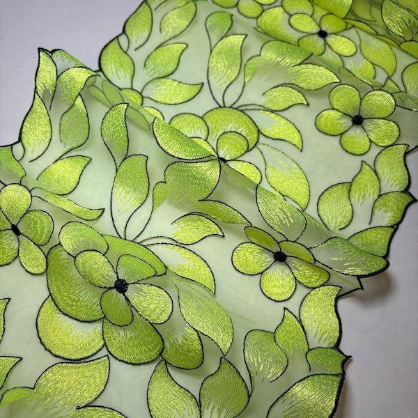 Floral embroidered tulle lace for sewing lingerie, embroidery for bra making, neon green mesh lace fabric, Nonelastic lace width 23cm-9 inch