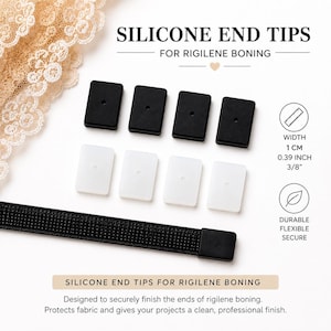 May include: Silicone end tips for rigilene boning, featuring four black and four white rectangular caps. A black strip of boning is shown with one tip attached. Text indicates a width of 1 cm, 0.39 inch, or 3/8 inch for these sewing accessories.