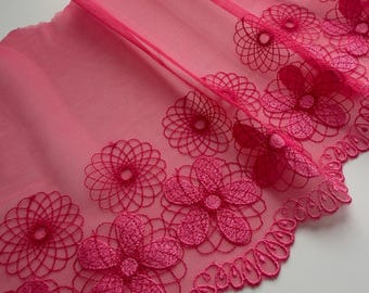 Hot Pink Embroidered Lace Trim 8-Inch-Wide Floral Tulle for Sewing and Dressmaking