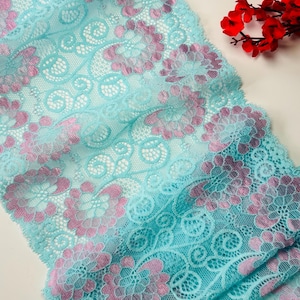 Renda elástica azul e rosa Agua - 18 cm/7 polegadas de largura, renda floral para projeto de costura e confecção de lingerie, vendida por metro