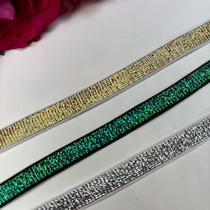 3/8 * (10 mm), Bügel elastisch, BH glänzend Band, glänzendes Band für Dessous, Gold / silber / grün glänzendes Band