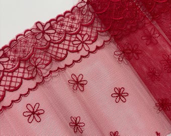Red Non-Stretch Embroidered Lace trim 6.5 Inch Wide (17 cm), lace by the Yard