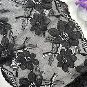 Black Stretch Tulle lace trim, Elastic Bright mesh lace Fabric with flowers, Bra making lace width 22cm-9inch, Lace fabric by the yard