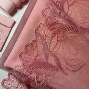 May include: Close-up of pink lace fabric with floral embroidery. The image also shows pink elastic and bra hardware. The lace features detailed patterns and textures, ideal for lingerie or craft projects.