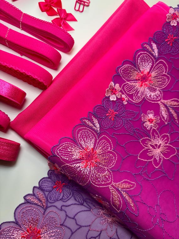 Bra Making Kit, Bra Sewing Kit, Non Stretch Hot Pink Bralette Kit, DIY Lingerie Making Kit, Hot Pink Mesh and Lining Set