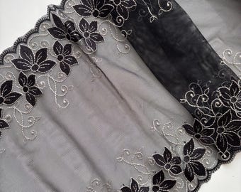 Bordure en dentelle florale noire 25 cm de large, tulle brodé non extensible par mètre pour la couture, projets de bricolage, couture de lingerie