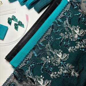 Emerald Teal-Black Lace Lingerie Sewing Kit, Floral Embroidery Bra Kit, Elegant Non-Stretch Lace with Matching Elastic for Bra & Panty Set