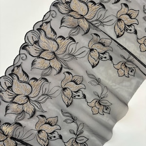 Black Gold Floral Lace Trim, Non-Stretch Lace Fabric 24 cm(9.5 inch), Embroidered Lace for Lingerie, Dressmaking, DIY Sewing Project