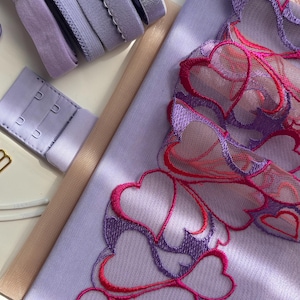 Op de afbeelding: Close-up van lingerie-onderdelen in paarse en roze tinten. Inclusief stof, bandjes en een haak-en-oogsluiting. De stof heeft een hartvormig borduurontwerp in roze en paars.