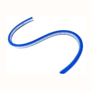 May include: A flexible blue curve ruler with white markings. This drafting tool is designed for creating curved lines and shapes. The ruler is made of a flexible material, allowing it to bend to the desired shape.
