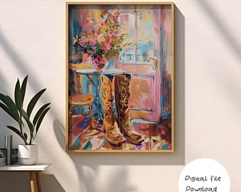 Küsten Cowgirl Stiefel Kunstdruck, Girly Western Dekor (digitaler Download)