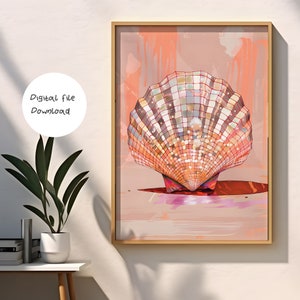 May include: A digital illustration of a large, iridescent seashell with a pearl inside. The shell is a light pink color with a grid pattern and is set against a peach background.
