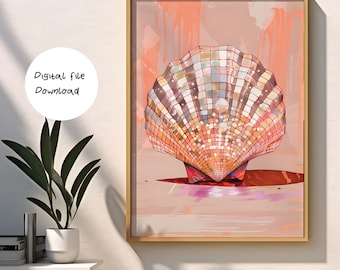 Pink Seashell Disco Ball Print, Retro Wall Art (Digital Prints)