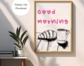 Croissant & Coffee Print, Minimalist Kitchen Art (Digital Download)