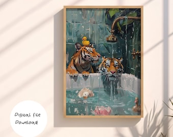 Tiger in Bathtub Art Print, Maximalist Bathroom Decor (Digital Download)