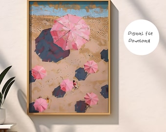 Pink Beach Umbrella Print, Coastal Wall Art (Digital Download)