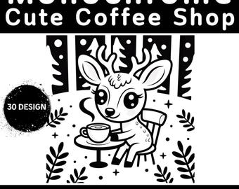 30 Monochrome  Cute Coffee Shop Digital Coloring Pages  Single-Color Designs  illustrations use just one color Printable Coloring Sheets