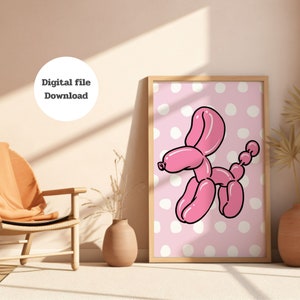 Pink Bubble Dog Trendy Print, Retro poster, Preppy room decor, Funky wall art, Dorm room decor, Aesthetic poster, Balloon Dog Poster